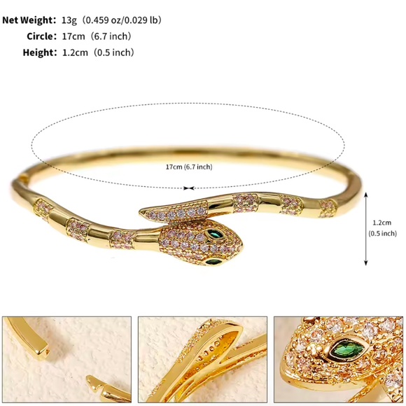 🆕 New 18K Gold Plated CZ Crystal Green Eyes Snake 🐍 Bangles Cuff Bracelets - Picture 8 of 8